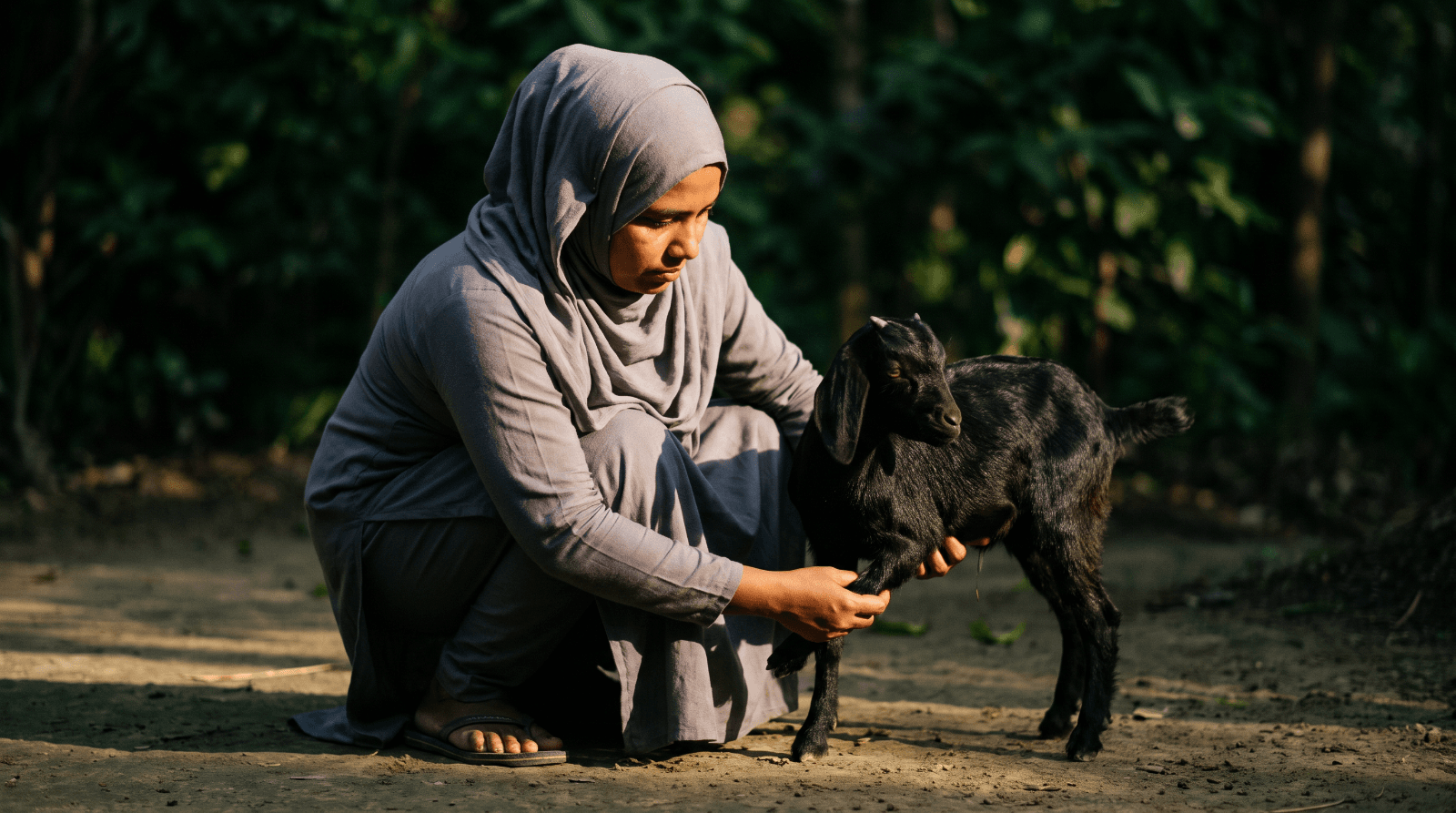 A woman in a hijab checking a black Bengal goat kid's leg