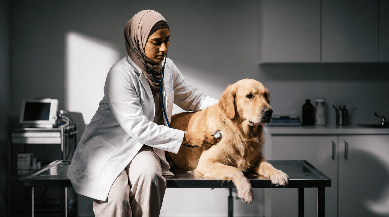 A female veterinarian in a hijab examining a dog